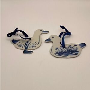 Russ, Ceramic Ornaments, DUCKS, Blue/White with Florals, Ribbons for Hanging